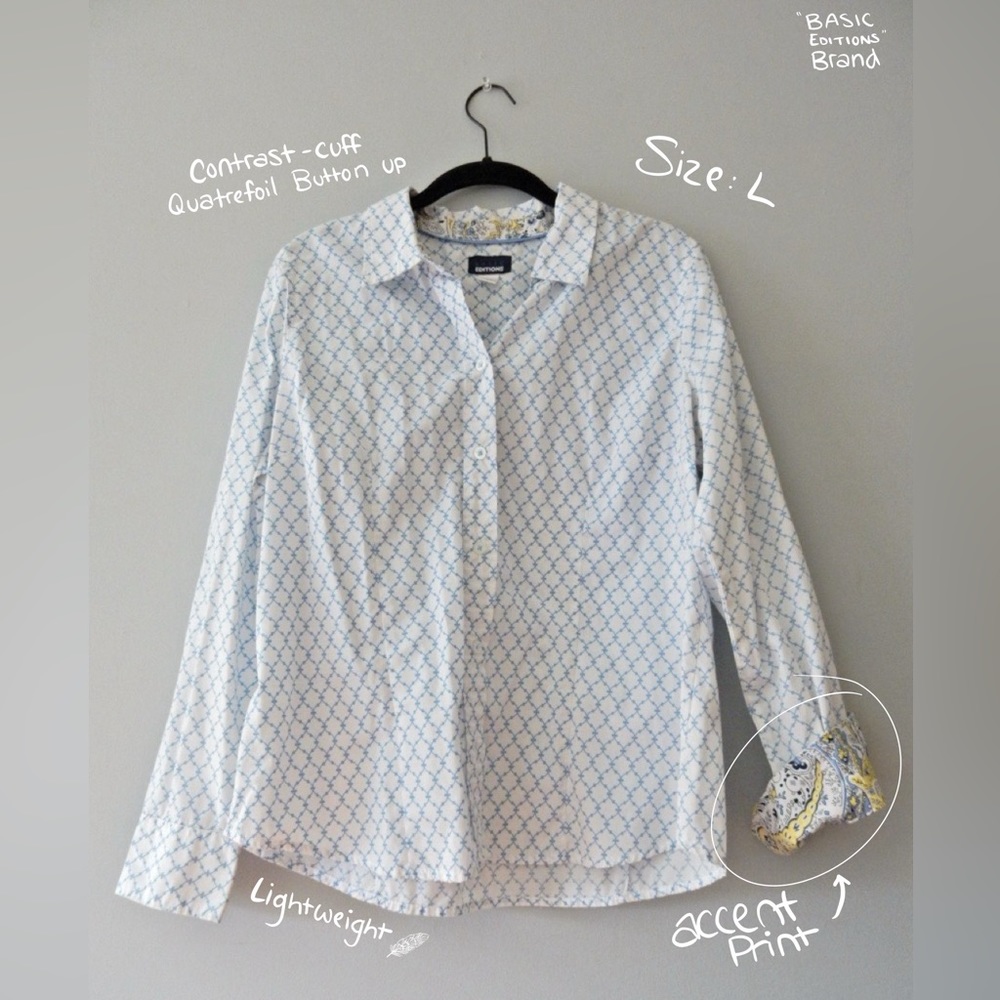 Contrast-Cuff Patterned Button Up Shirt